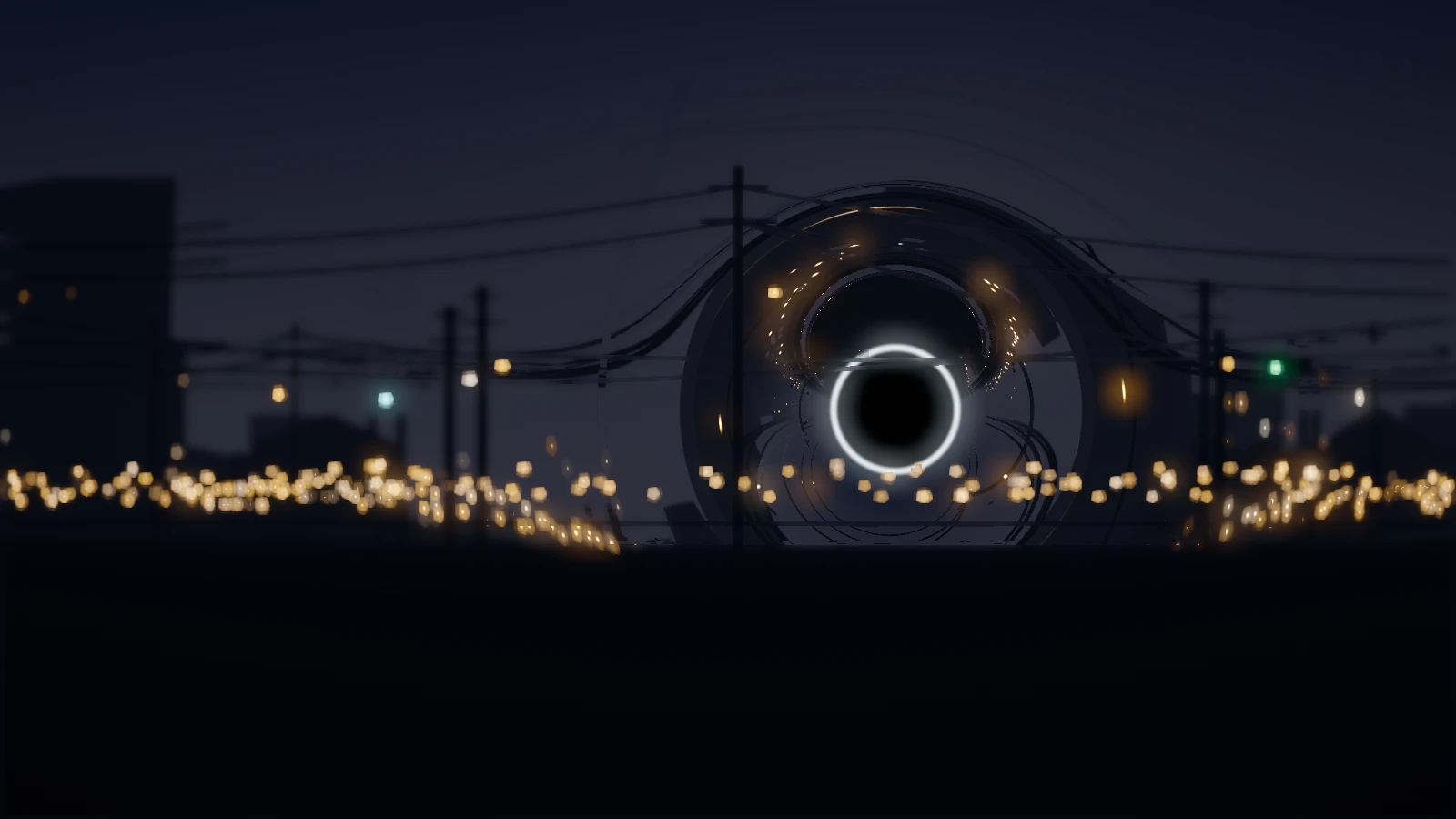 夕暮れの住宅街の上に浮かぶ黒い球。背後の電線が球のまわりで渦を巻いて曲がっている。