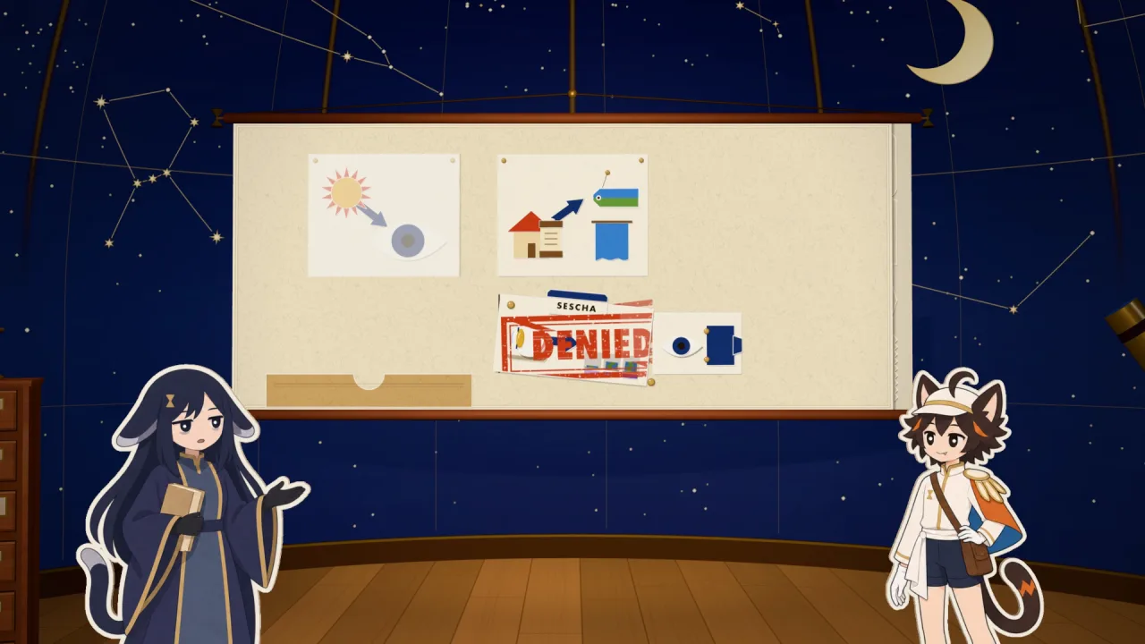 星空のドームの観測室。掛け図に 2 つの説の札が貼られ、セシャの説の札には赤い DENIED の判が押されている。手前の左にセシャ、右にコメット。