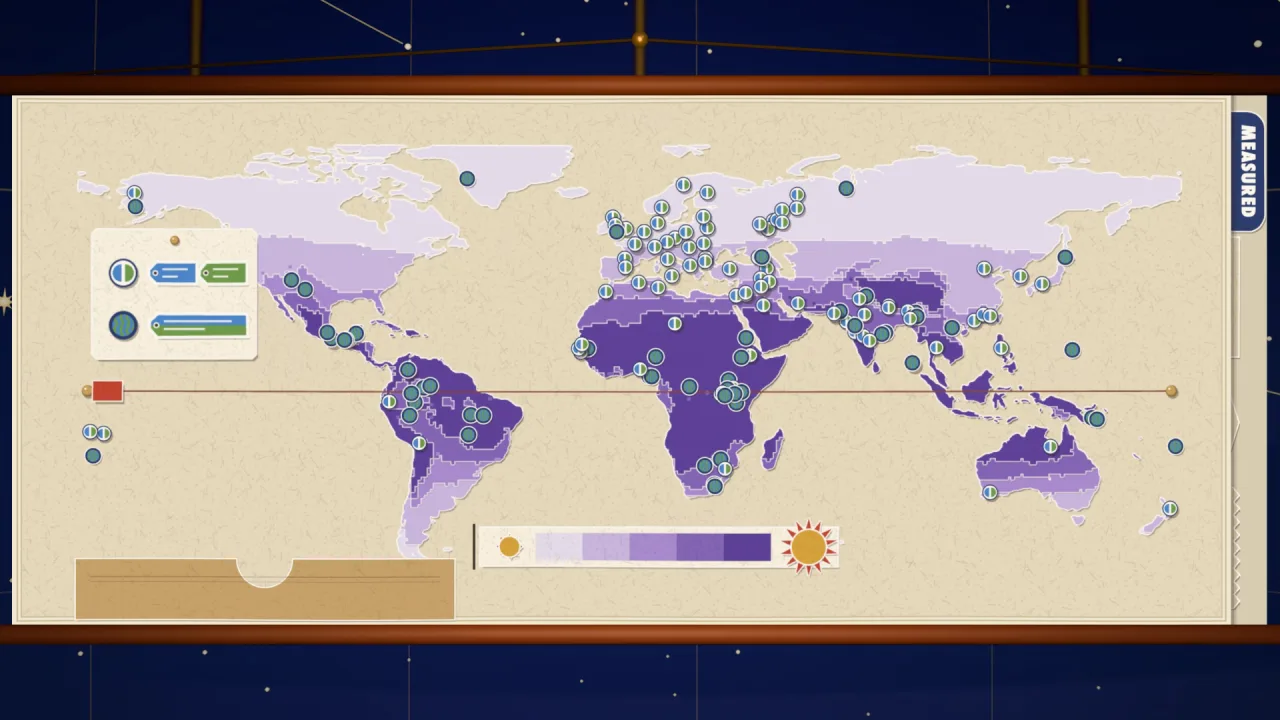 世界地図の上に言語を表すピンが並び、陸地は紫外線の強さで紫の濃淡に塗られている。