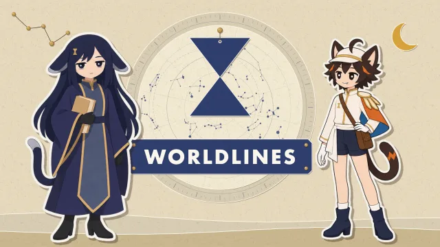 藍の砂時計の印と WORLDLINES の銘板を挟んで、猫の耳のセシャとコメットが立つ、アニメのキーアート。